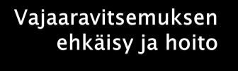 15.11.12 24 LIITE 8. Koulutusmateriaali Vajaaravitsemuksen ehkäisy. Dia 1 Proviisori Eija Huhtakangas Juuan apteekki Dia 2 Ravitsemushoidon tavoitteet Mitä on vajaaravitsemus?