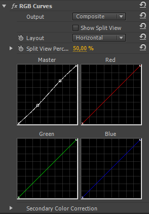 50 6.2 Värimäärittely Väreissä säädettiin RGB:n Master värikäyrää, jotta väreistä tulisi hieman voimakkaampia. Alla olevasta kuviosta 41. näkee RGB käyrien asetukset. Kuvio 41.