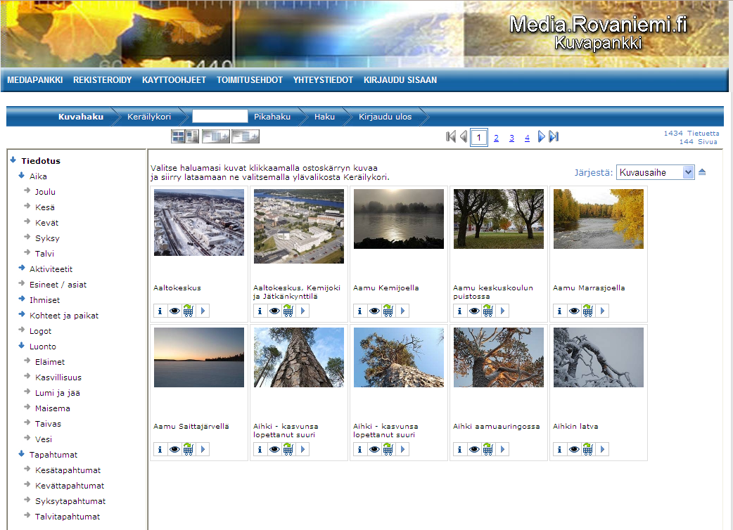1 Rovaniemen mediapankin käyttöohje Sisältö Aineistopankin yleisnäkymä... 1 Pikaohje... 2 Kuvaan liittyvät toiminnot... 2 Kuvien järjestäminen näkymässä... 3 Kuvien hakeminen.