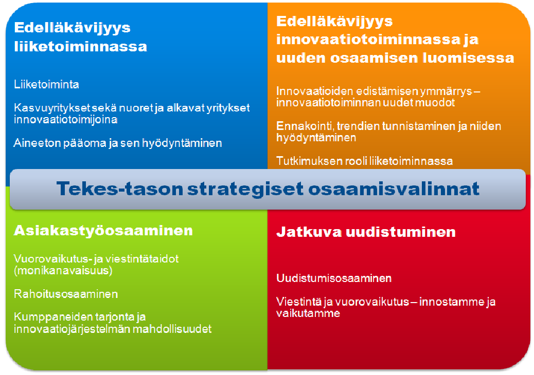 Tekesin tulevaisuuden osaamisia ja niiden kehittämistoimenpiteitä. Jatkossa keskustelut käydään vuosittain ja niissä myös arvioidaan tunnistettujen osaamisten kehittymistä.