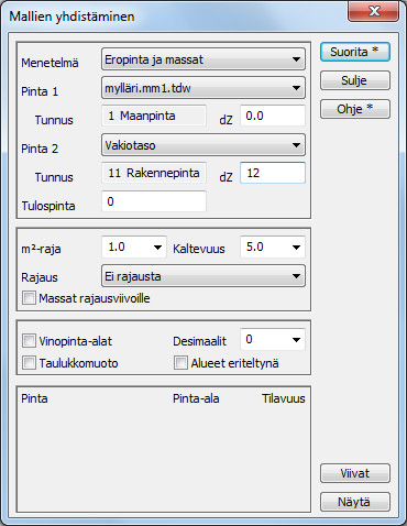 4.4 Mallien yhdistäminen Toiminnolla voidaan yhdistää kaksi maastomallia yhdeksi maastomalliksi, esimerkiksi korkeuseropinnaksi.