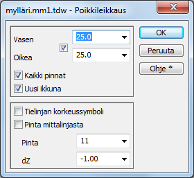 4.5.3 Poikkileikkaus Avaa toiminto Maastomalli Poikkileikkaus. Poikkileikkaus lasketaan oletuksena elementtilistan aktiivisesta maastomallista ja mittalinjasta.