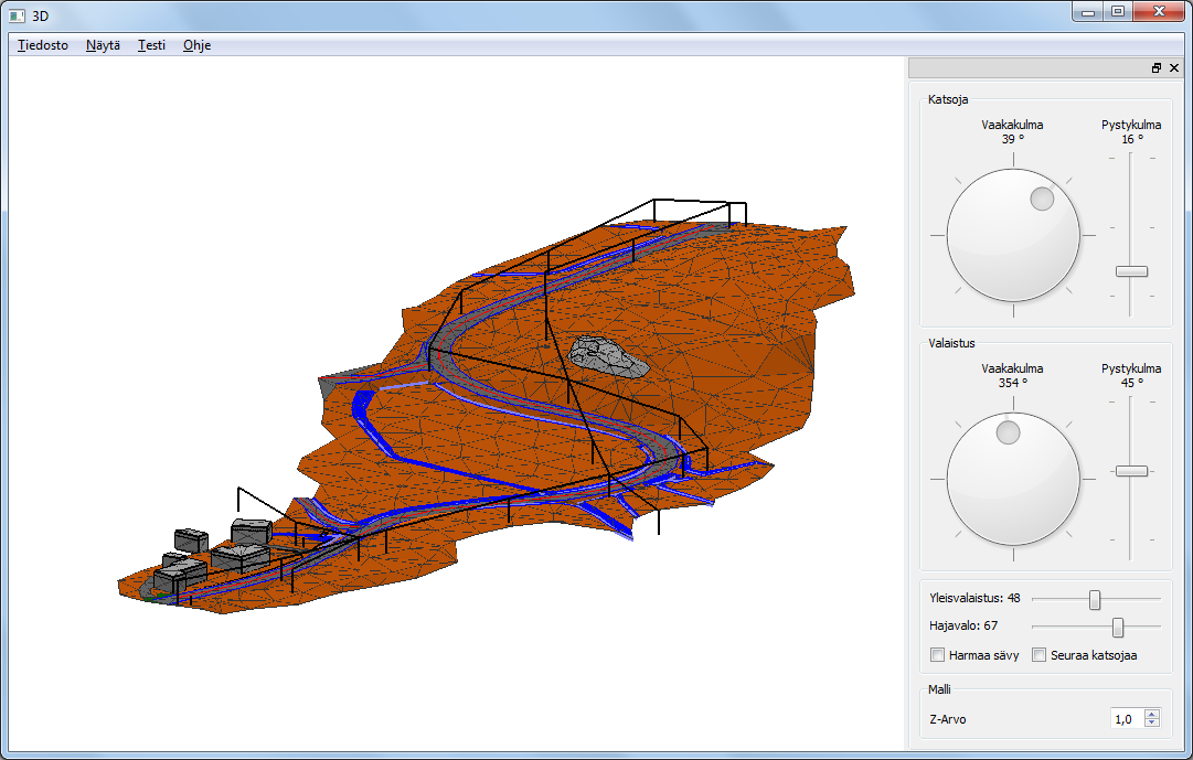 4.6.7 3D Malli -ikkuna Toiminnolla Ikkuna 3D malli voidaan visualisoida maastomalleja ja vektoriaineistoja.
