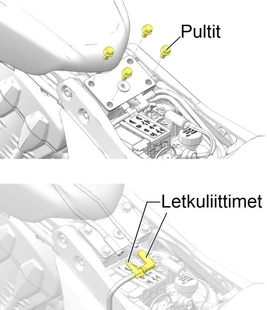 Työnnä istuinta hiukan eteenpäin, jotta istuin irtoaisi takaosan tukiholkista. Istuimen etuosan metallinen tukirakenne liukuu istuimen ja polttoainetankin väliin sijoitetun suojakumin alapuolelle. 3.