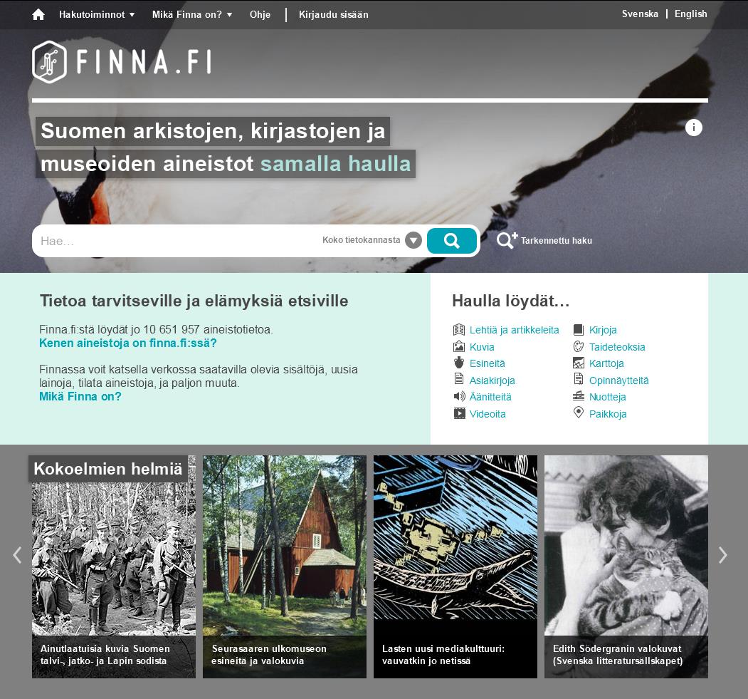 Finna-palvelu Finna on kansallisen digitaalisen kirjaston asiakasliittymä, https://www.finna.