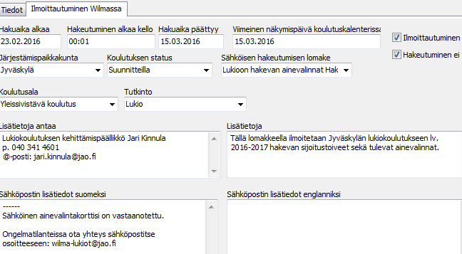 AINEVALINTALOMAKE WILMASSA - Lomake-editoriin lomake, jonka kentät haetaan Hakijat-rekisteristä ja tietokanta on Hakijat,