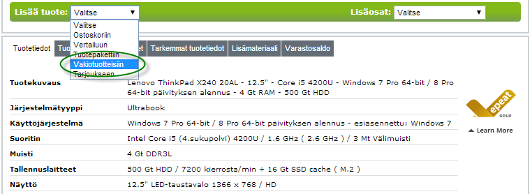 4.4. Vakioidut tuotteet Vakiotuotteisiin voidaan lisätä useasti ostettuja tuotteita helpottamaan tuotevalintaa.