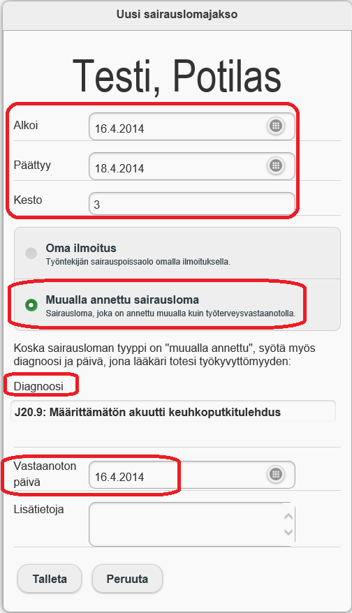 Diacor Turun ulkopuolella myönnetty sairausloma Muualla myönnettyyn sairauslomaan täytetään ajan lisäksi sairausloman diagnoosi.