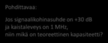 Signaalikohinasuhde Esimerkki: S/N = = 3dB» Hyötyn ja taustahäiriön suhde S/N (signal-to-noise ratio) S = vastaanotetun hyötyn teho N = häiriöteho» Signaalin laatu riippuu järjestelmästä GSM-verkossa