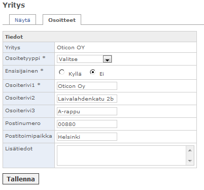 Toimitus- tai laskutusosoitte lisätään klikkaamalla taulukon alla olevaa tekstiä Lisää osoite. Taytä kaikki tarvittava tieto. Tähdellä (*) merkityt kentät ovat pakollisia.