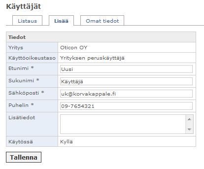 Lisää -välilehdellä voit lisätä uuden peruskäyttäjän.