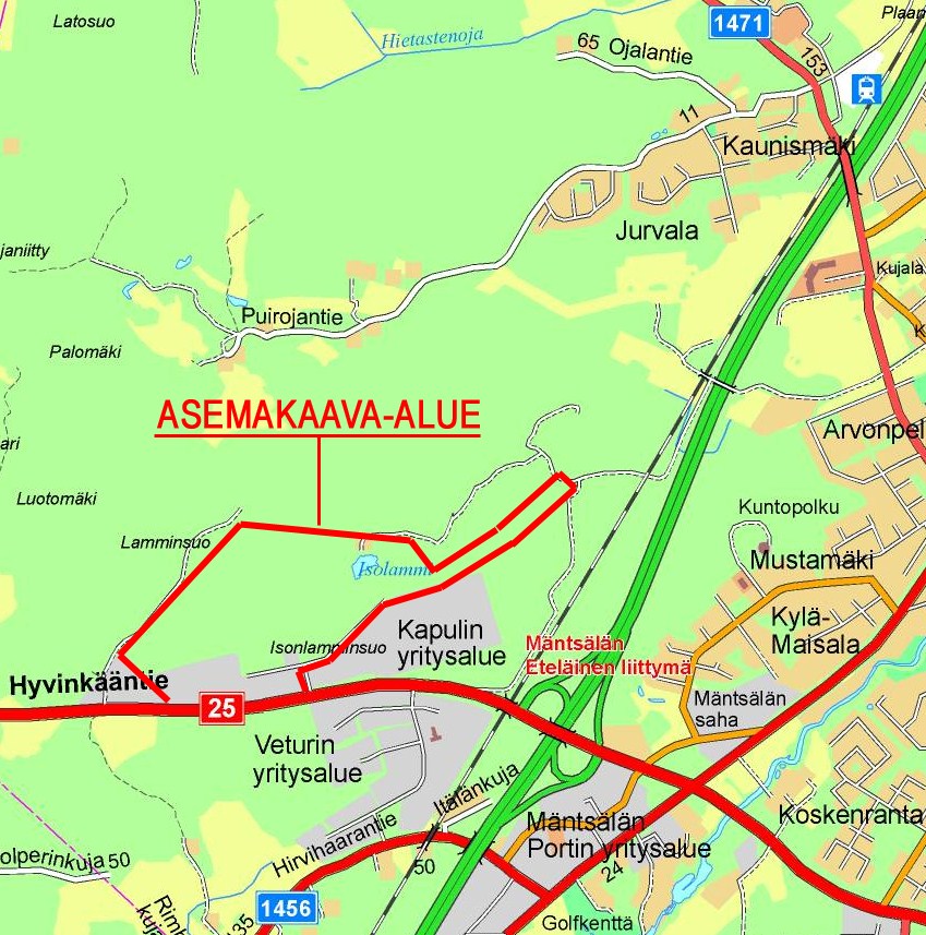 Sijaitsee Hyvinkää Porvoo kantatien pohjoispuolella ja Helsinki - Lahti moottoritien risteysalueen länsipuolella, ko. risteyksen vieressä.