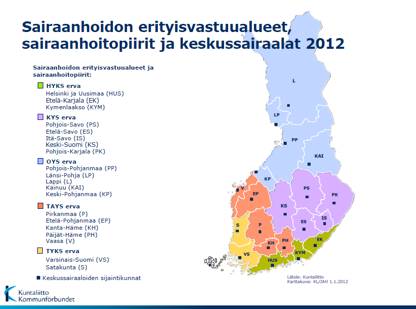 Sairaanhoidon erityisvastuualueet, sairaanhoitopiirit ja