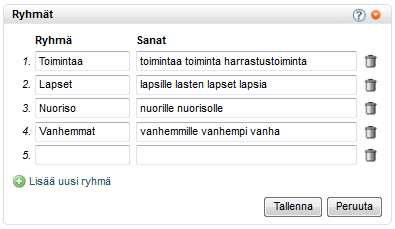 RYHMIEN LUONTI Voit luoda ryhmiä valitsemalla samantyyppisiä sanoja sanapilvestä. Tämä mahdollistaa vastausten kategorisoimisen ja helpottaa analysointia. 1. 2. 1. Nimeä ryhmä. Esim.