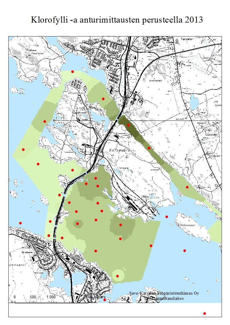 Klorofylli-a:n pitoisuus anturimittausten perusteella vuoden 2013 havaintokertojen keskiarvona.