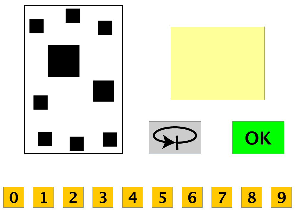 TEHTÄVÄN KUVAUS: Arviointitehtävä, jossa näytöllä on mustia neliöitä. Lapsen tulee vastata kuinka monta neliötä näytöllä on.