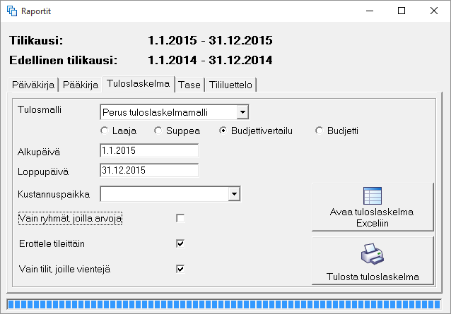 Miten budjettia verrataan tuloslaskelmaan? Valitse Raportit näkymässä Tuloslaskelma välilehdeltä Budjettivertailu.