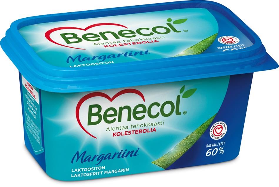 Benecol Margariini Laktoositon 60 % 450 g Laktoositon ja maidoton margariini sopii moneen ruokavalioon Sekä leivälle että ruoanlaittoon Erinomainen rasvakoostumus: 75 % rasvasta pehmeää,