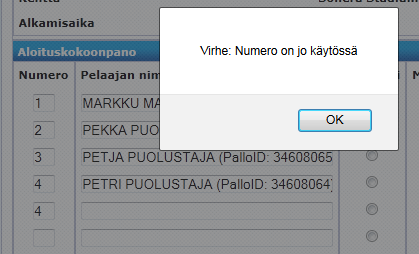 KOKOONPANON TÄYTTÖ / VIRHEET JÄRJESTELMÄ ANTAA SEURAAVIA VIRHEITÄ TÄYTTÄMISEN AIKANA MIKÄLI NUMERO ON JO