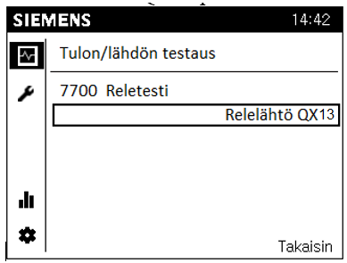 2. Valitse Tulon/lähdön testaus 3. Aseta reletesti QX13 päälle 3. Valitse Hätäkäyttö ja aseta toiminto päälle painamalla navigointirullasta ja pyörittämällä asetus ON-tilaan.