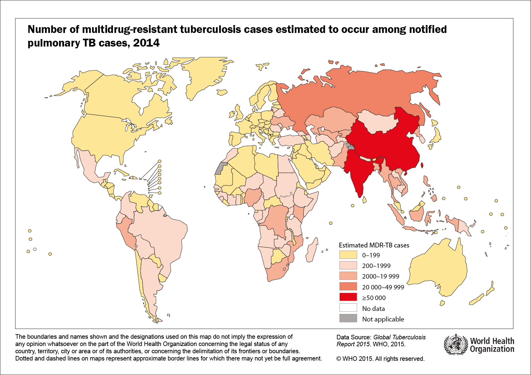 Kuva 5. Lääkkeille vastustuskykyiset ilmoitetut keuhkotuberkuloositapaukset maailmassa vuonna 2014.