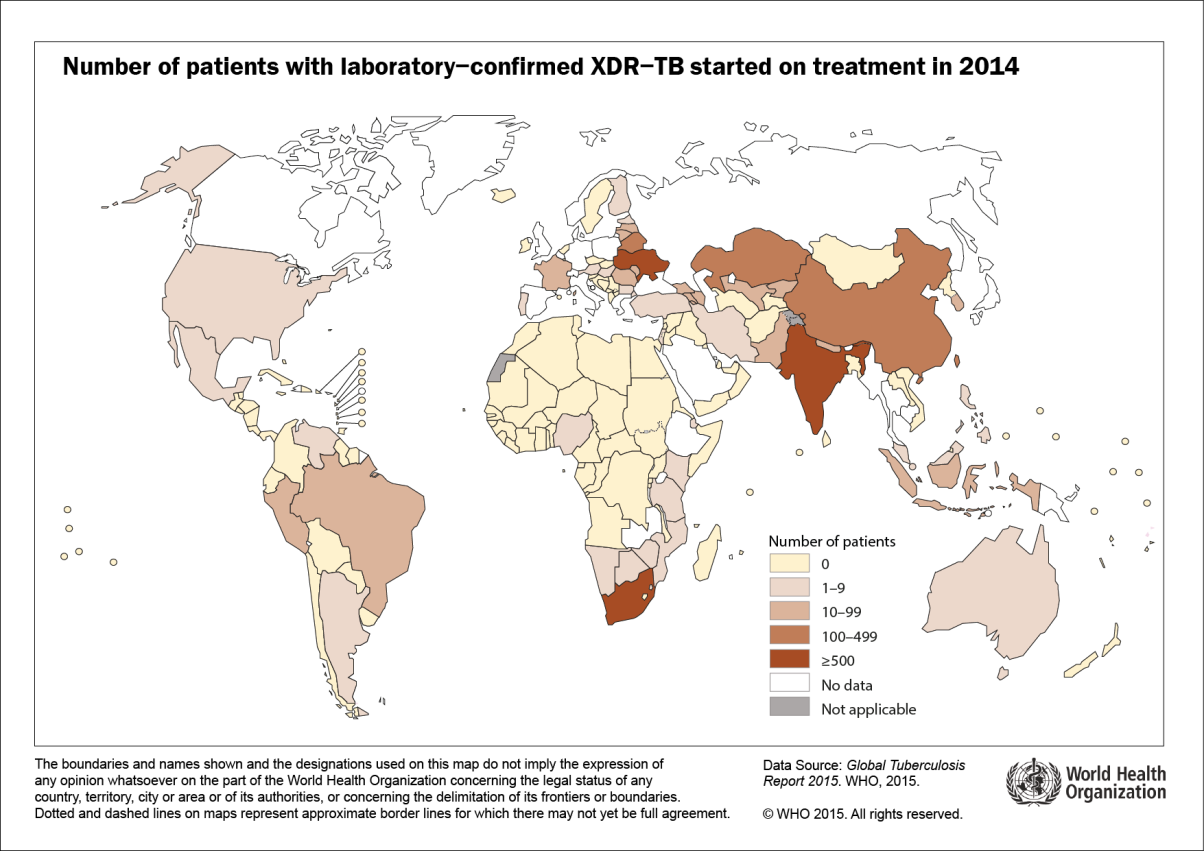 Kuva 6. Varmennettujen ja hoidon aloitukseen päässeiden XDR-TB tapausten lukumäärä vuonna 2014.