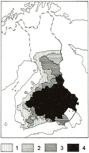 Kaskenviljelyn yleisyys maassamme vuoden 1860 paikkeilla.