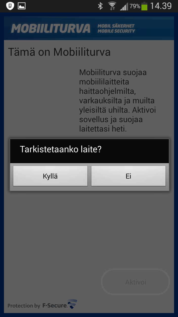 Sovelluksen asennus Mobiiliturvan käyttöönoton yhteydessä tulee määrittää perusasetukset: 1. Hyväksy lisenssiehdot 2. Aktivoi laitteen ylläpitäjä.