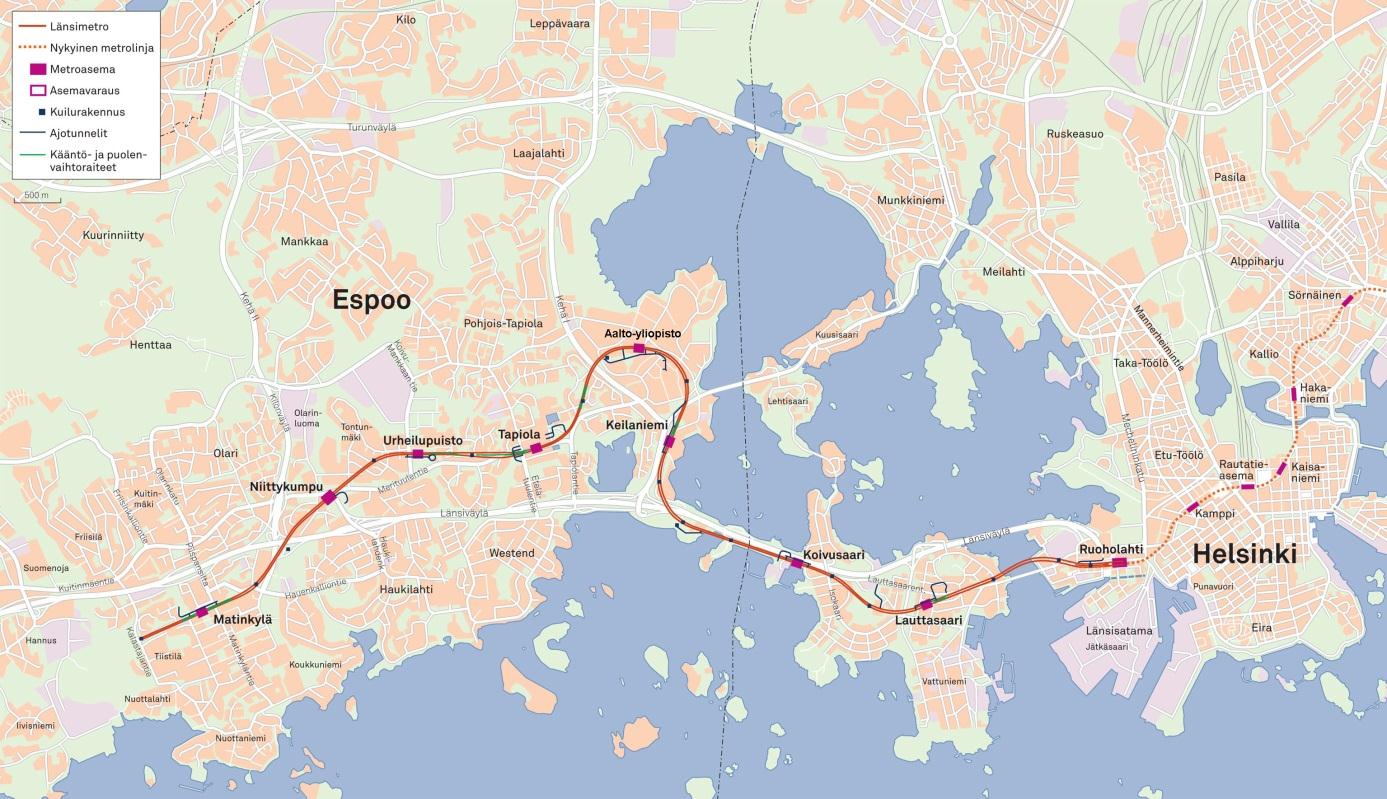 Lähtökohdat työlle Kuvat: Länsimetro Oy 2 linjaa Vuorovälit ruuhka 5 min päivä 7,5 min hiljainen aika 10 min