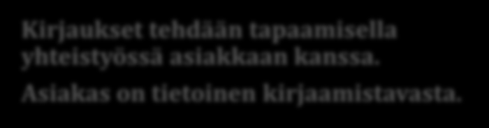 OSALLISTAVA / AVOIN DOKUMENTAATIO Asiakkaan ottaminen mukaan asiakirjojen tekemiseen on sosiaalihuollossa eettisen toiminnan perusta Kirjaukset tehdään tapaamisella yhteistyössä asiakkaan kanssa.