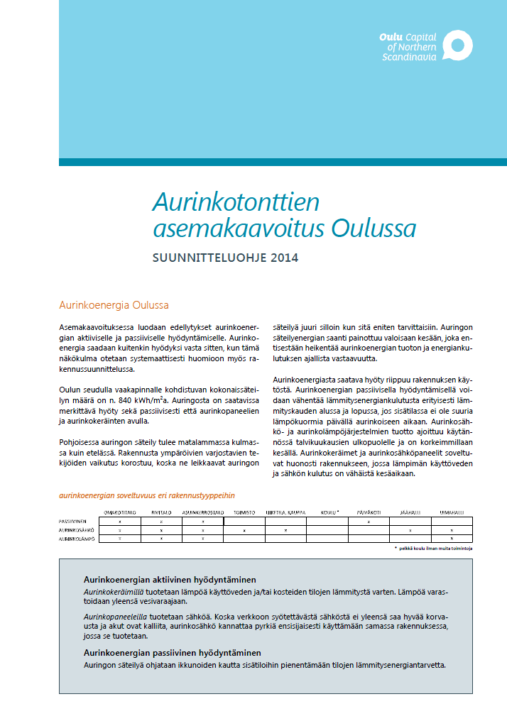 Aktiivisen ja passiivisen aurinkoenergian huomioon ottaminen asemakaavoitus- ja rakennussuunnitteluvaiheissa Oulun kaupungin alueella Selvitys ja ohjeet on laadittu yhteistyössä osana