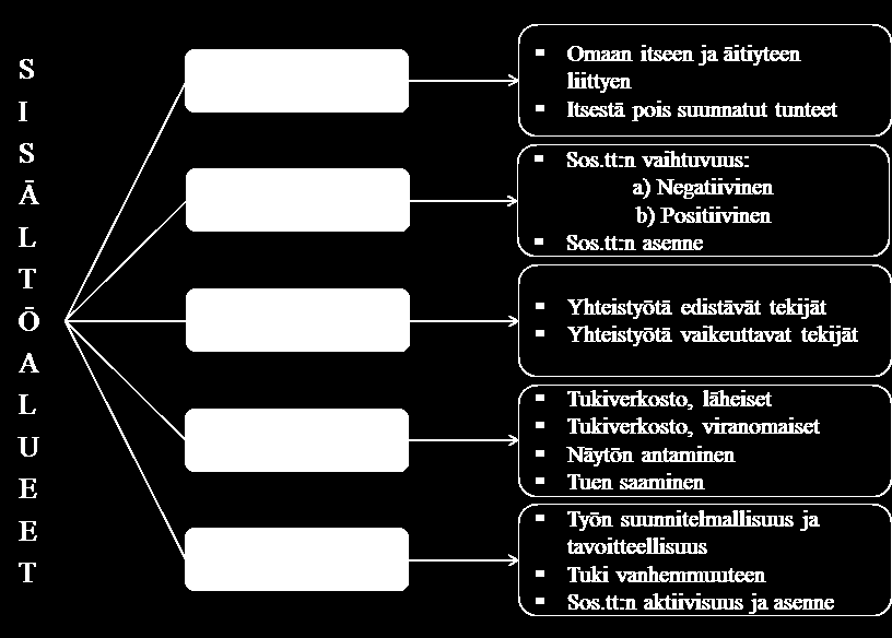 3. Ei-yksilölliselle kielelle muunnettujen merkityksen sisältävien yksiköiden sijoittaminen sisältöalueisiin Analyysin tässä vaiheessa tietyn sisältöalueen muodostavat samaa sisältöä ilmentävät eri