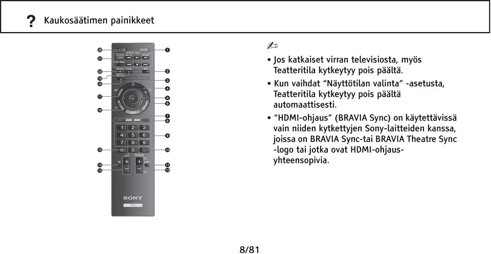 Kun vaihdat Näyttötilan valinta -asetusta, Teatteritila kytkeytyy pois päältä automaattisesti.