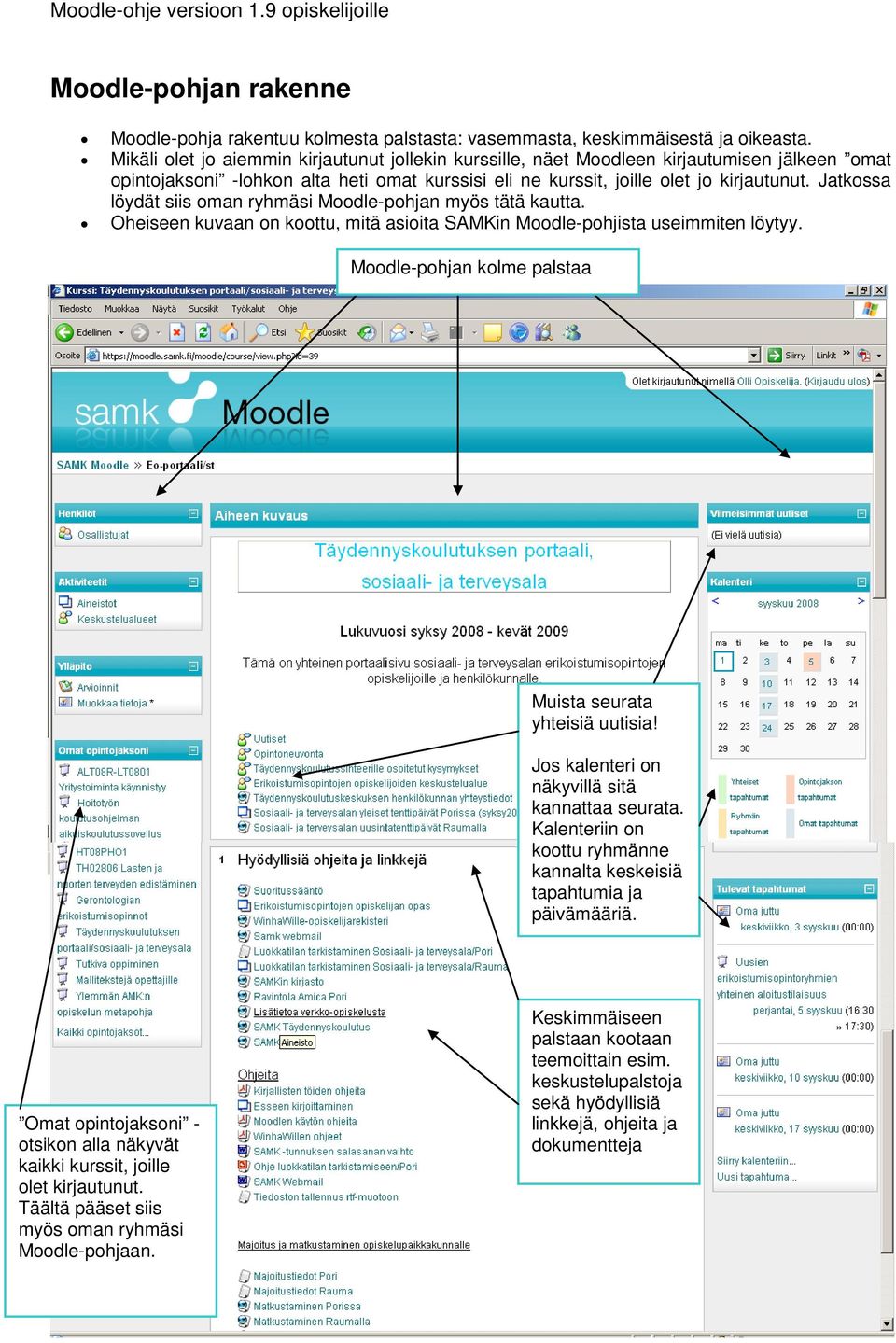 Jatkossa löydät siis oman ryhmäsi Moodle-pohjan myös tätä kautta. Oheiseen kuvaan on koottu, mitä asioita SAMKin Moodle-pohjista useimmiten löytyy.