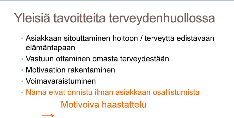 omasta terveydestään Motivaation rakentaminen Voimavaraistuminen