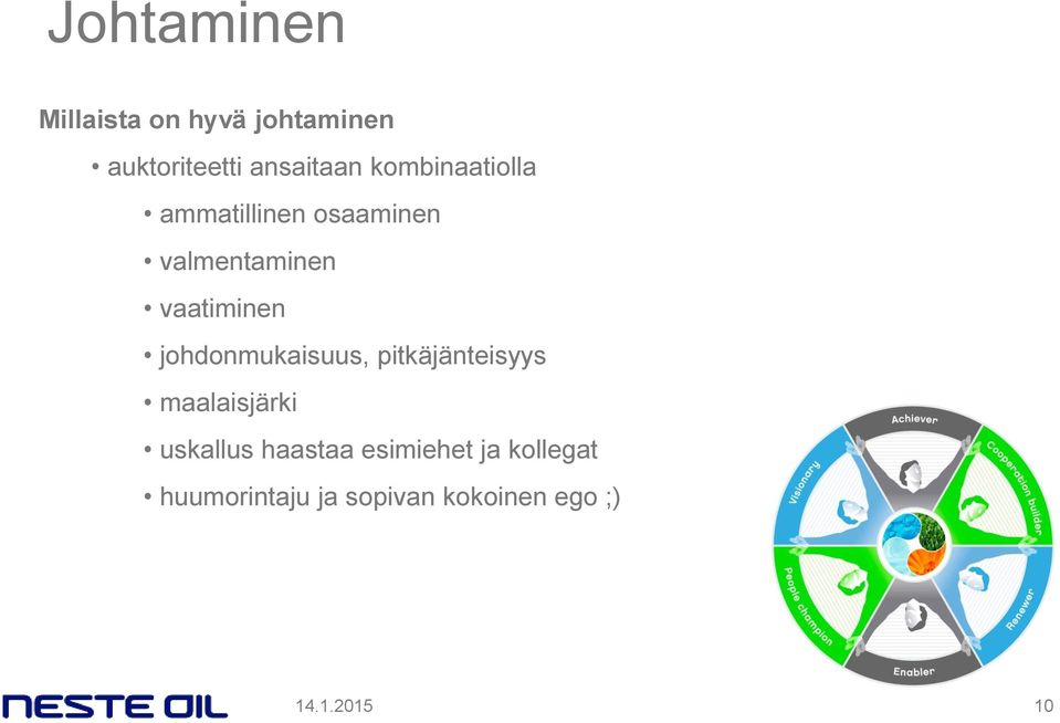 johdonmukaisuus, pitkäjänteisyys maalaisjärki uskallus haastaa