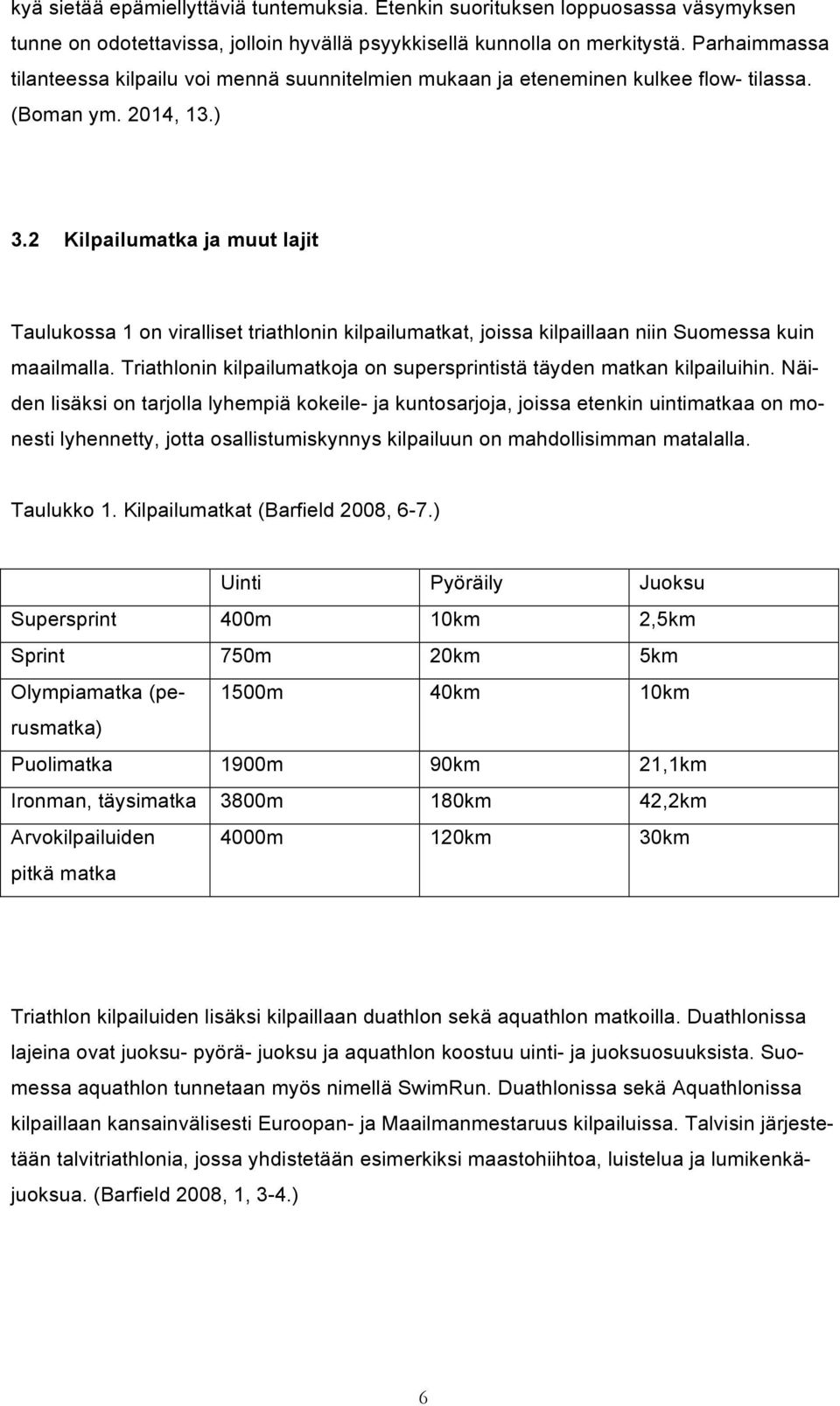 2 Kilpailumatka ja muut lajit Taulukossa 1 on viralliset triathlonin kilpailumatkat, joissa kilpaillaan niin Suomessa kuin maailmalla.
