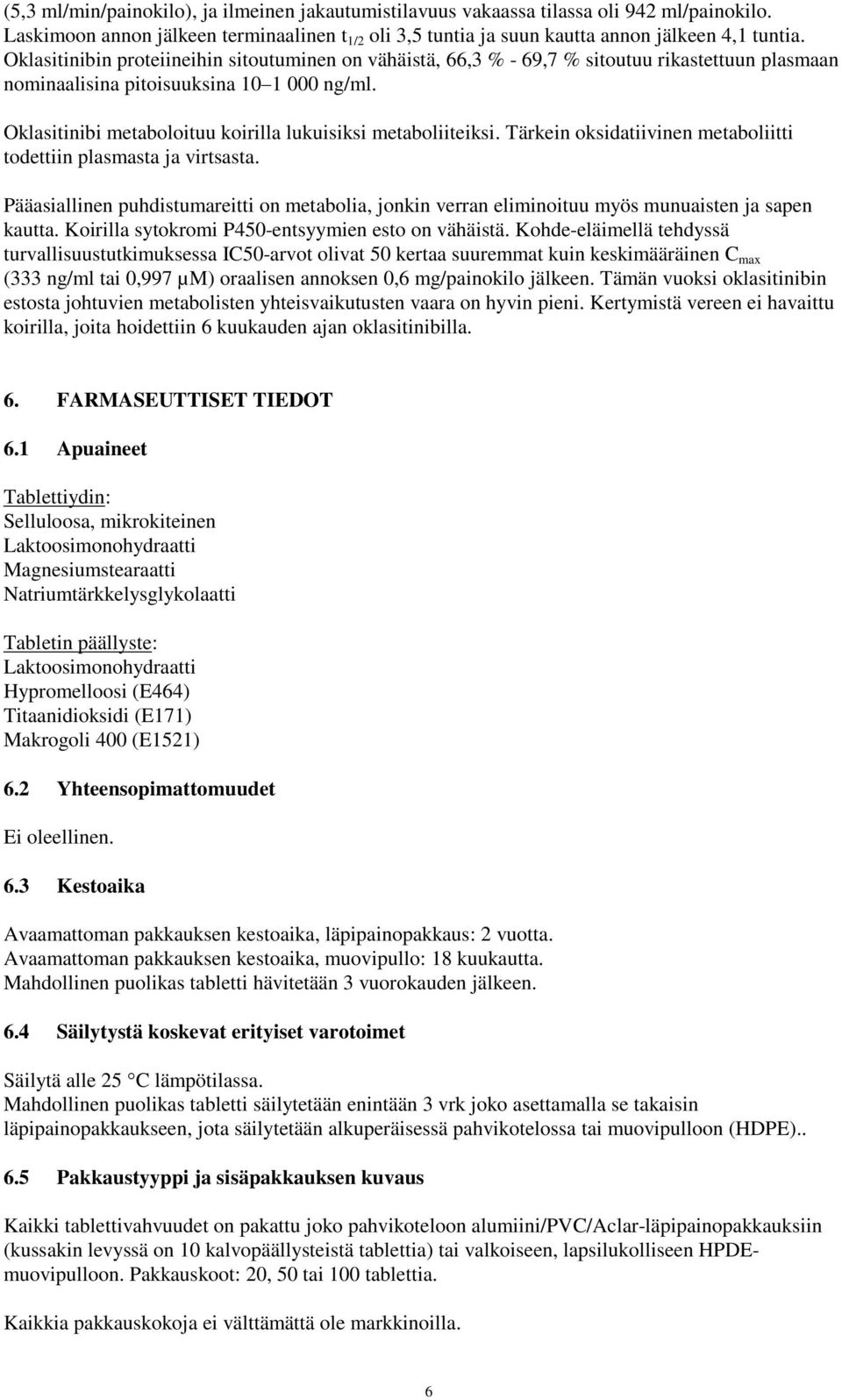 Oklasitinibi metaboloituu koirilla lukuisiksi metaboliiteiksi. Tärkein oksidatiivinen metaboliitti todettiin plasmasta ja virtsasta.