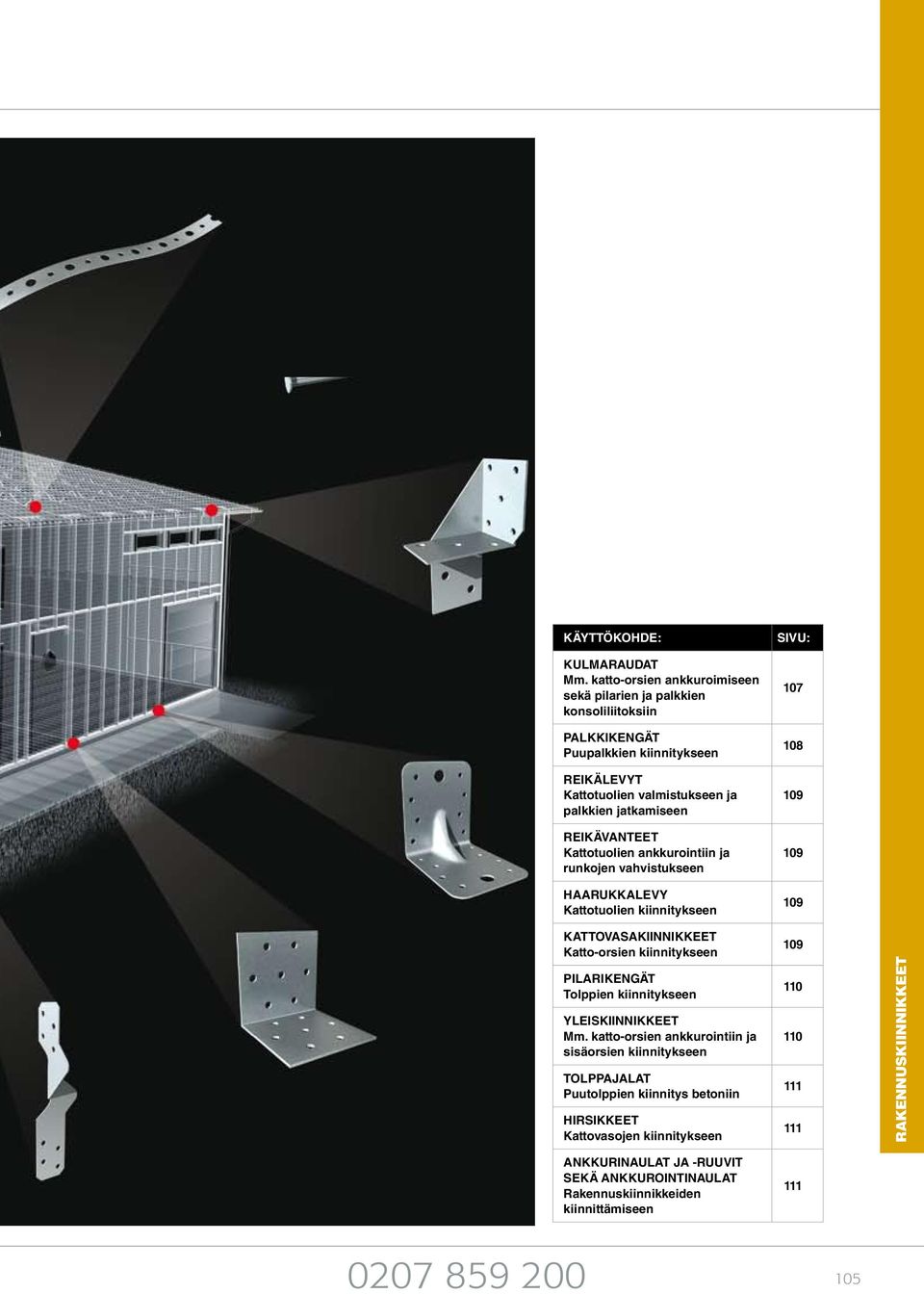 REIKÄVANTEET Kattotuolien ankkurointiin ja runkojen vahvistukseen HAARUKKALEVY Kattotuolien kiinnitykseen SIVU: 107 108 109 109 109 KATTOVASAKIINNIKKEET Katto-orsien