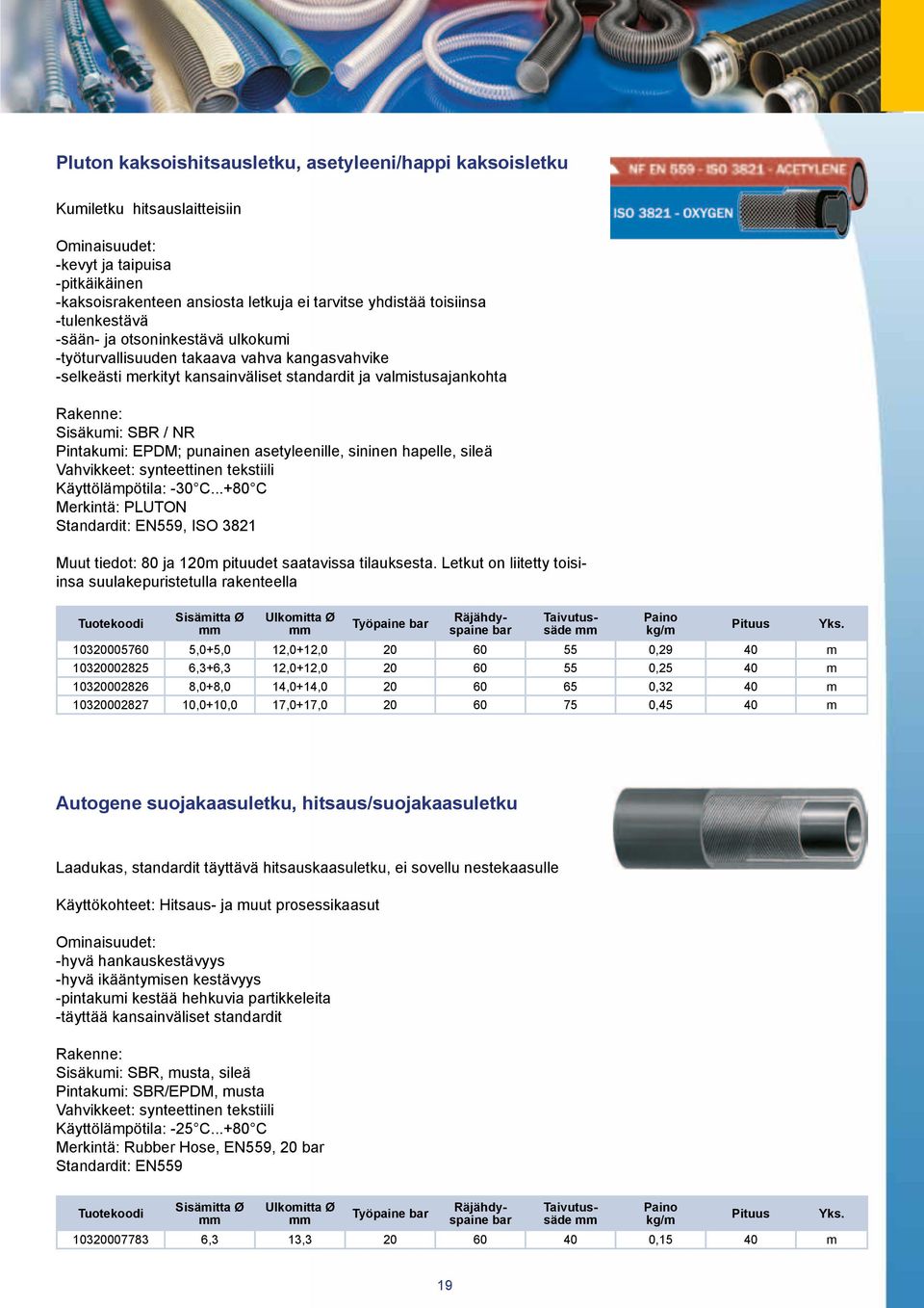 Pintakumi: EPDM; punainen asetyleenille, sininen hapelle, sileä Vahvikkeet: synteettinen tekstiili Käyttölämpötila: -30 C.