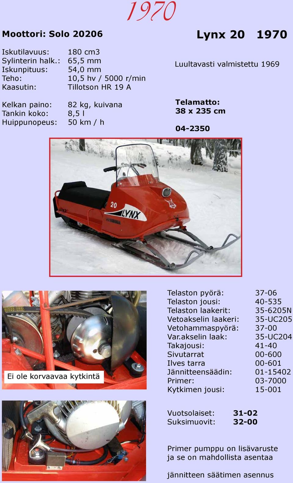 kuivana 8,5 l 50 km / h Telamatto: 38 x 235 cm 04-2350 Ei ole korvaavaa kytkintä Telaston pyörä: 37-06 Telaston jousi: 40-535 Telaston laakerit: 35-6205N Vetoakselin laakeri: