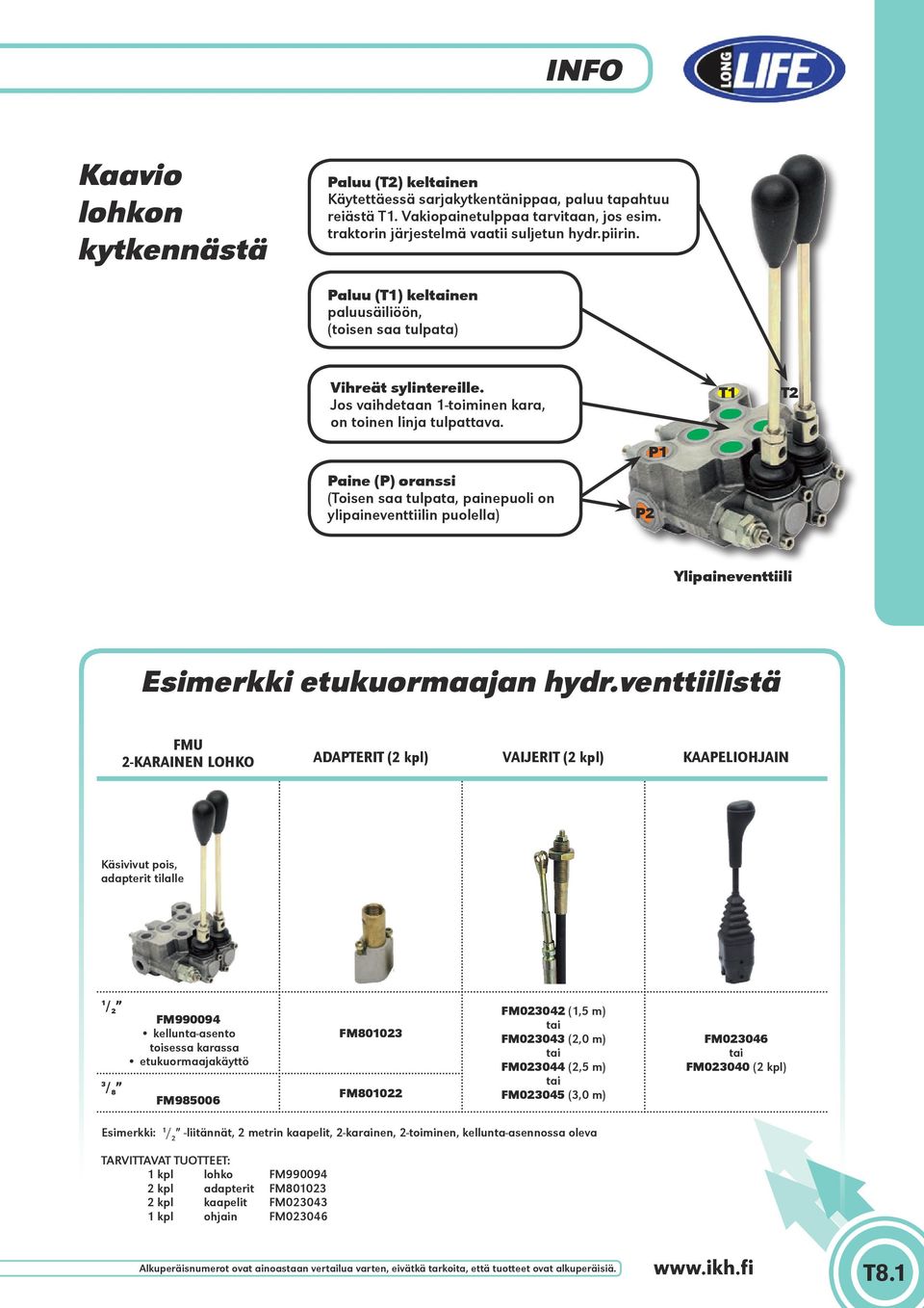 T T2 P Paine (P) oranssi (Toisen saa tulpata, painepuoli on ylipaineventtiilin puolella) P2 Ylipaineventtiili Esimerkki etukuormaajan hydr.