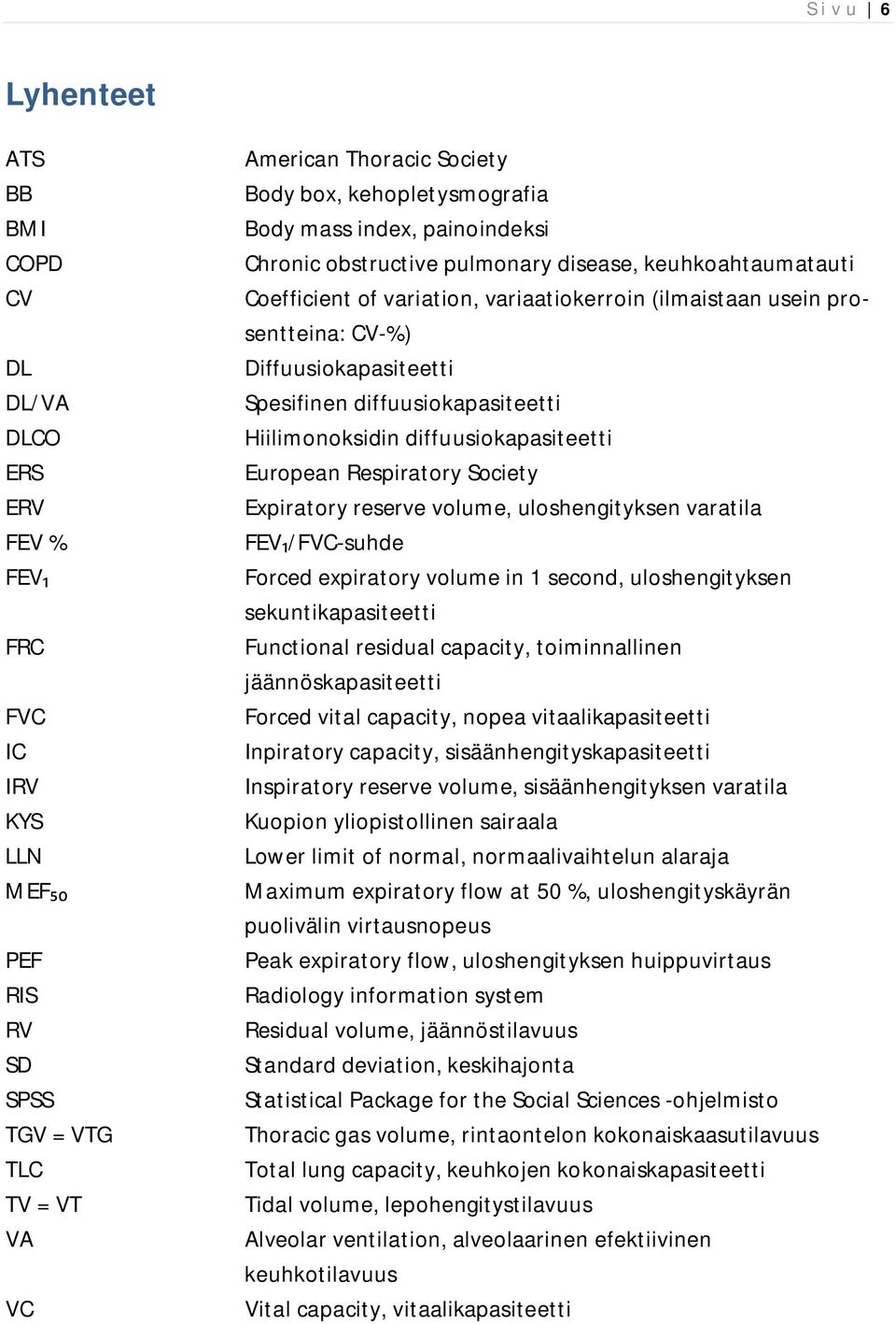 Spesifinen diffuusiokapasiteetti Hiilimonoksidin diffuusiokapasiteetti European Respiratory Society Expiratory reserve volume, uloshengityksen varatila FEV /FVC-suhde Forced expiratory volume in 1