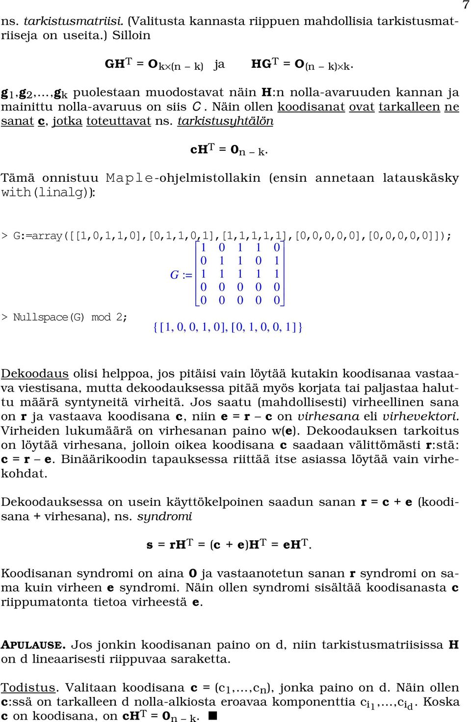 tarkistusyhtälön ch T = 0 n k.