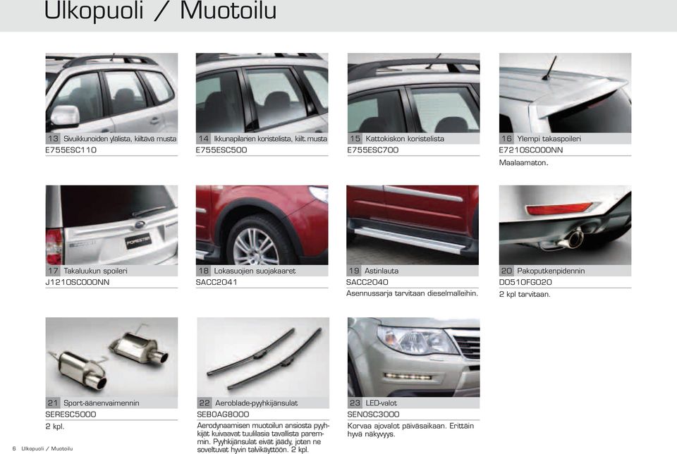 17 Takaluukun spoileri 18 Lokasuojien suojakaaret 19 Astinlauta 20 Pakoputkenpidennin J1210SC000NN SACC2041 SACC2040 D0510FG020 Asennussarja tarvitaan dieselmalleihin. 2 kpl tarvitaan.