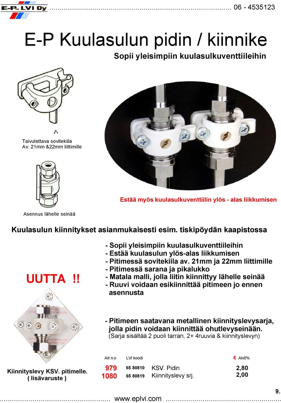 ! - Sopii yleisimpiin kuulasulkuventtiileihin - Estää kuulasulun ylös-alas liikkumisen - Pitimessä sovitekiila av.