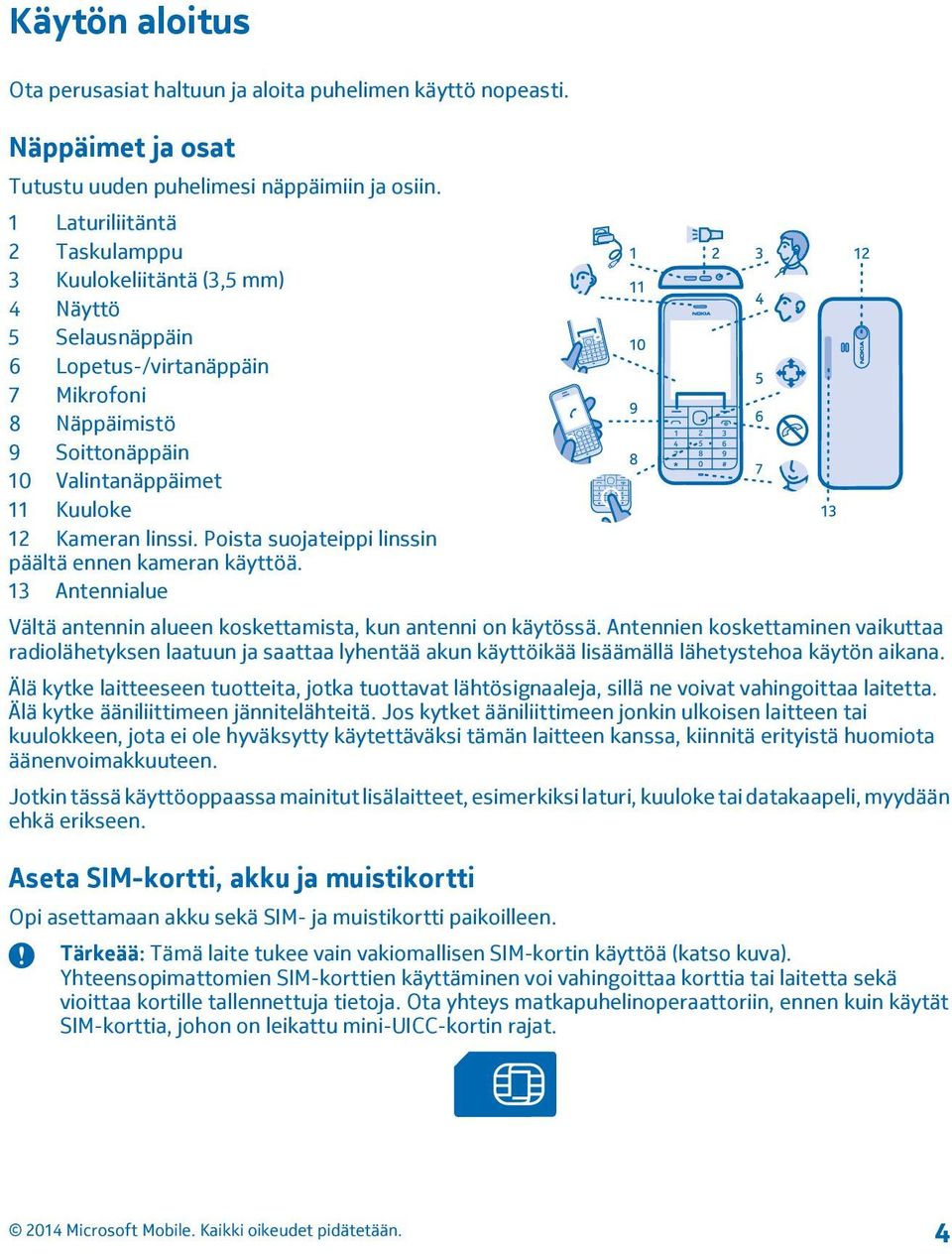 Poista suojateippi linssin päältä ennen kameran käyttöä. 13 Antennialue Vältä antennin alueen koskettamista, kun antenni on käytössä.