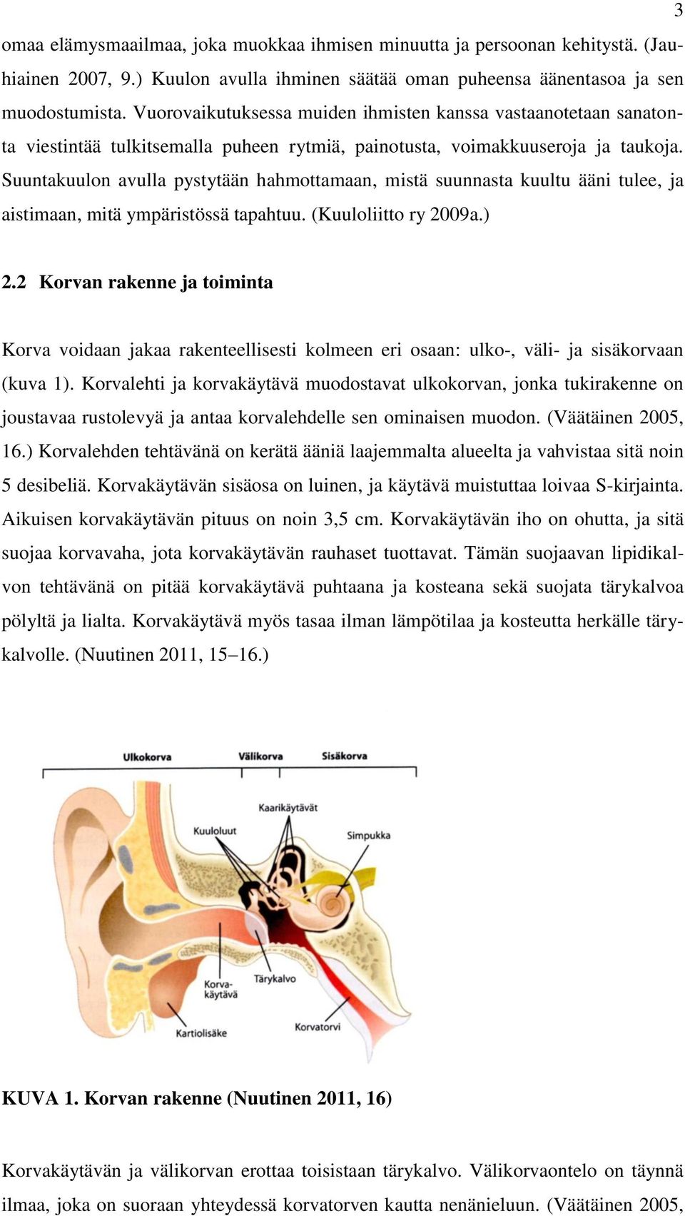 Suuntakuulon avulla pystytään hahmottamaan, mistä suunnasta kuultu ääni tulee, ja aistimaan, mitä ympäristössä tapahtuu. (Kuuloliitto ry 2009a.) 2.