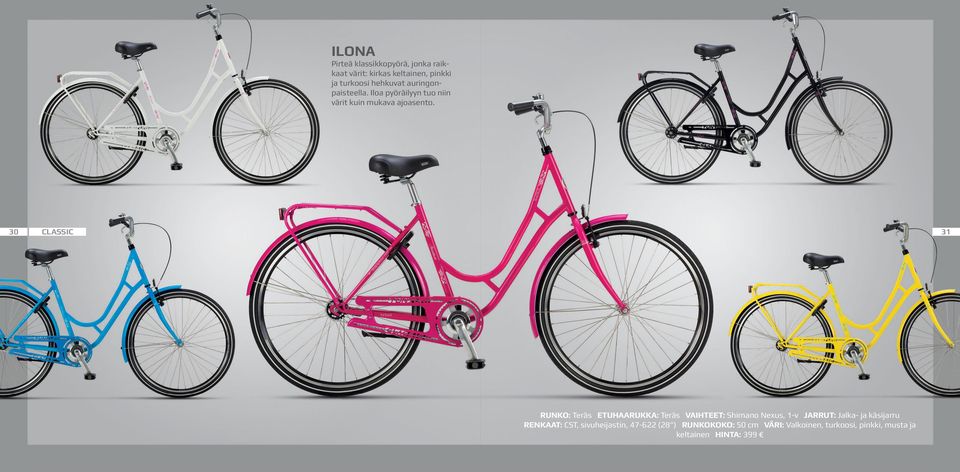 30 CLASSIC 31 RUNKO: Teräs ETUHAARUKKA: Teräs VAIHTEET: Shimano Nexus, 1-v JARRUT: Jalka- ja käsijarru