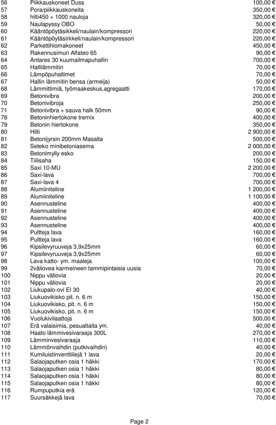 67 Hallin lämmitin bensa (armeija) 50,00 68 Lämmittimiä, työmaakeskus,agregaatti 170,00 69 Betonivibra 200,00 70 Betonivibroja 250,00 71 Betonivibra + sauva halk 50mm 90,00 78 Betoninhiertokone